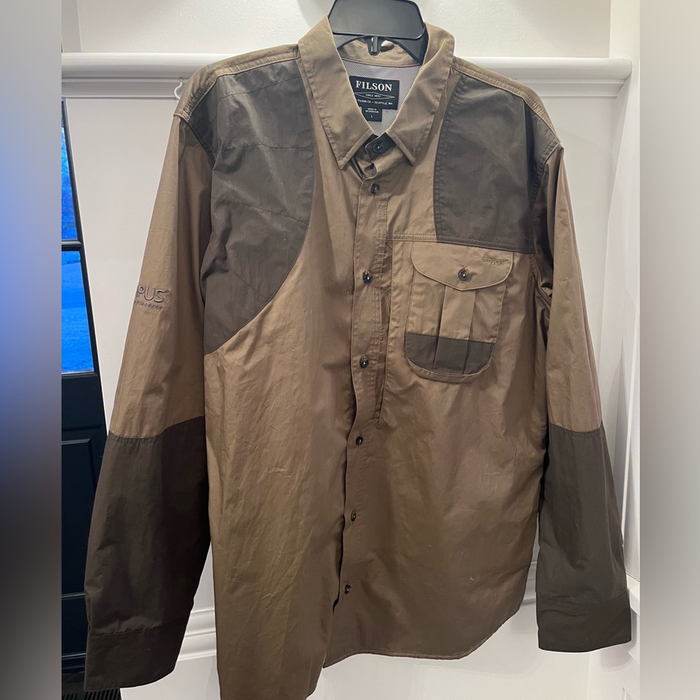 Filson front loading right handed shooting shirt, dark tan olive